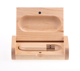 wooden computer flash drive isolated on white background