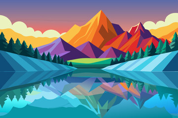 Mountain landscape with a serene lake at sunset, showcasing snow-capped peaks and a vast sky