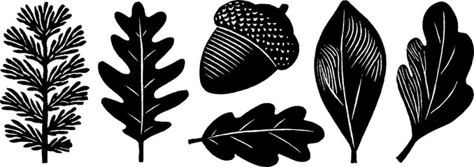 Neo folk art style woodcut illustration of leaves and acorn for print and design