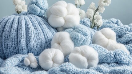 Light blue knitted pumpkin and white cotton balls.