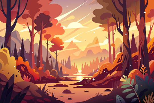 Orange floral vector illustration of a sunset in an autumn forest landscape with tree silhouettes