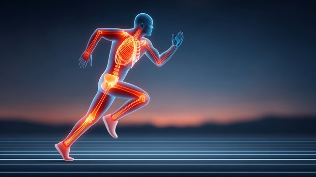 Female runner sprinting on a track with an X ray overlay showing shin splints in both lower legs the affected areas glowing red
