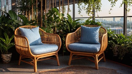 Outdoor Oasis: Wicker chairs with blue cushions invite relaxation on a lush balcony.  The cityscape in the background offers a stunning vista.