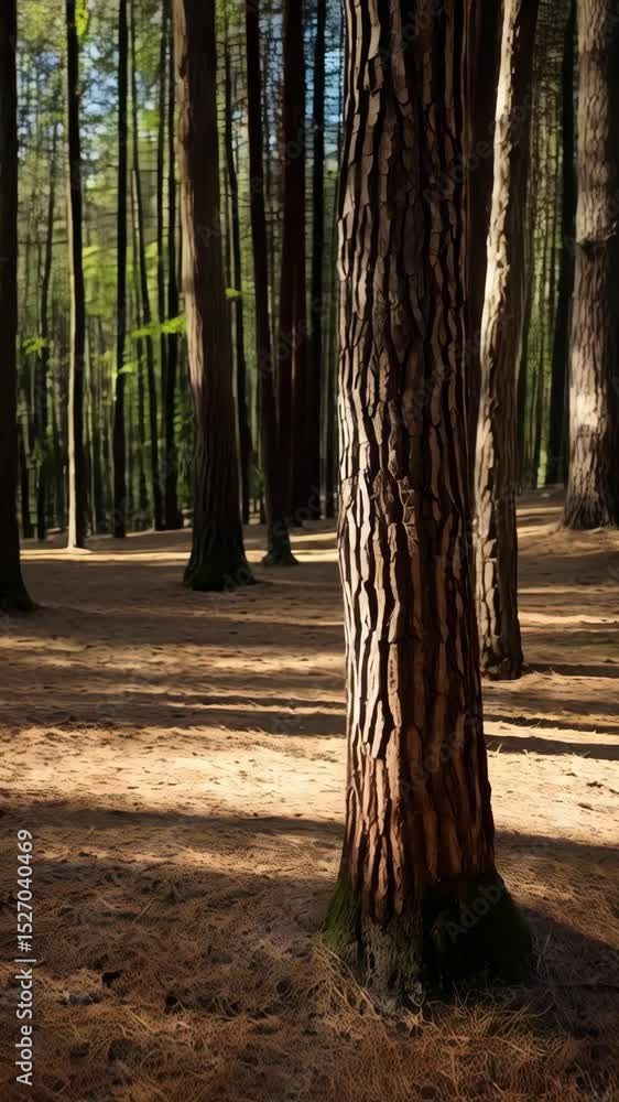Poster close-up of a tree trunk with textured bark in a sunlit forest, showing depth and other trunks in th
