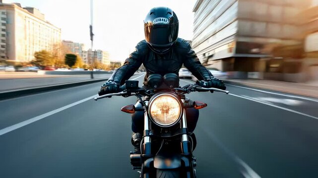 Man wearing helmet and riding motorcycle on city street with blurred motion. Adventure and freedom journey video.