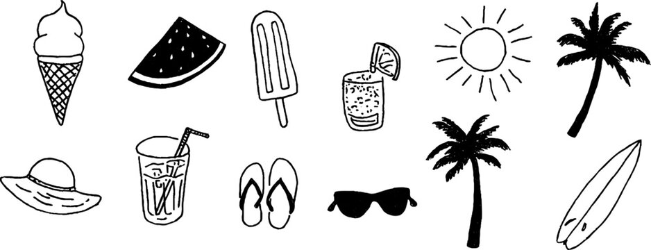 Quirky summer sketches set featuring ice cream, tropical elements, and beach icons
