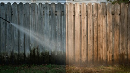 Fence cleaning: Comparing a dirty, weathered fence to a clean, refreshed fence, showing the transformative power of pressure washing.