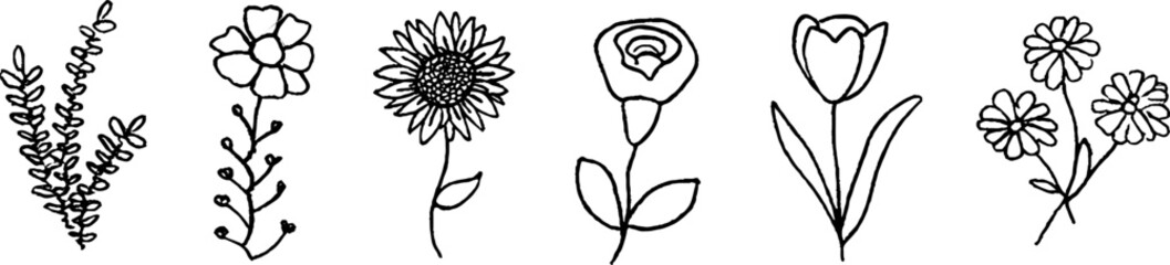 Playful sketches of wildflower bouquet set for creative design projects