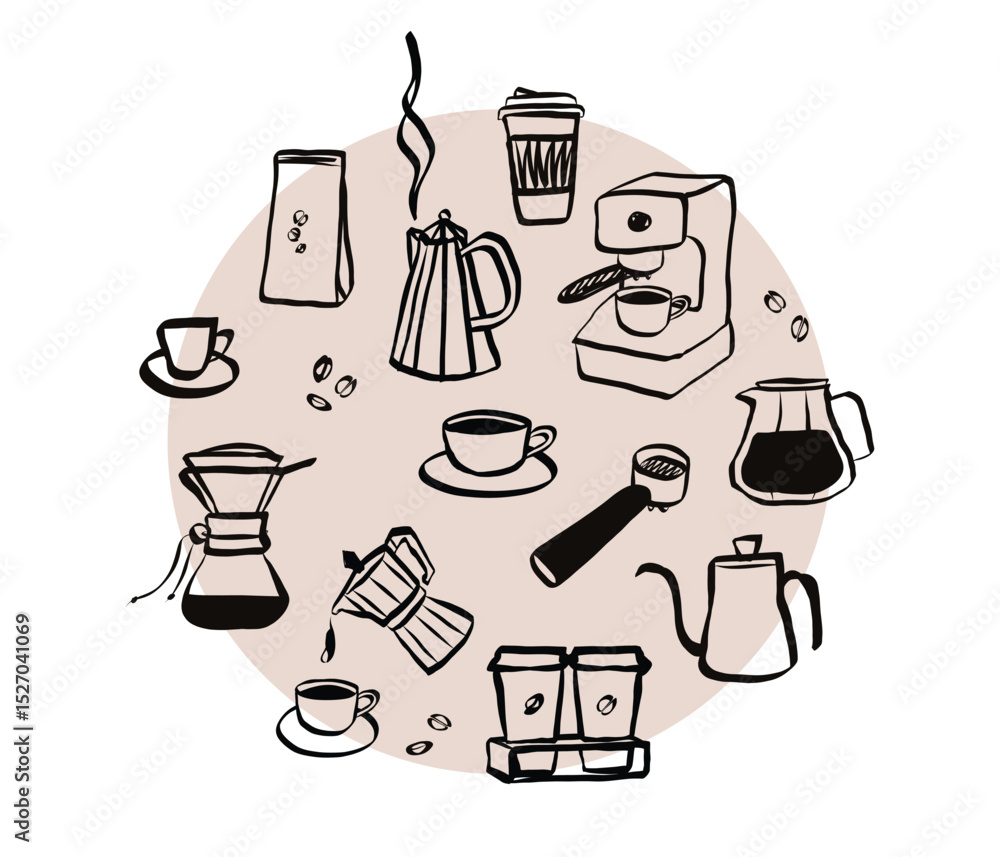 Poster coffee set in hand drawn doodle style. retro whimsical icons for cafeteria menu and business breakfa