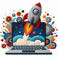 Felt art patchwork, Sleek rocket blasting off from an open laptop screen, symbolizing a startup launch, innovative business concept and the dynamic initiation of a new entrepreneurial venture