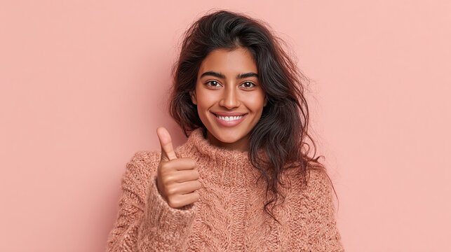 Smiling Woman Giving Thumbs Up. Expressing positivity and confidence with a happy gesture. The soft pink background enhances the warm, approachable vibe.