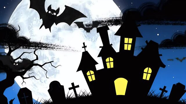 Spooky Halloween Night Haunted House, Bats, and Full Moon