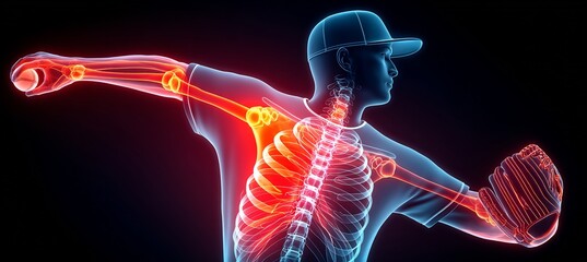 Male baseball pitcher mid throw with an X ray effect showing a rotator cuff tear in the right shoulder the torn tendon area illuminated in red
