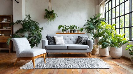 Bright, plant-filled living room with gray sofa, patterned rug, and natural light from a large window creates a cozy and inviting interior space.