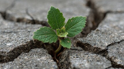 Resilient sprout emerging from cracked ground, embodying growth and hope. Life finds a way, demonstrating nature's strength. A beacon of renewal and perseverance.
