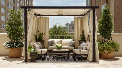 Outdoor living space: Relaxing terrace setup with covered seating, potted plants, and cityscape view. A tranquil retreat with a touch of urban elegance.