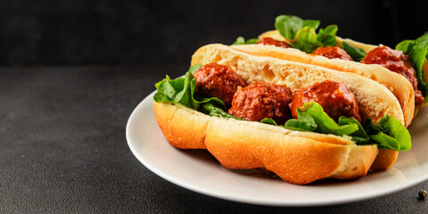 Meatball sandwich fast food meat dish fresh delicious gourmet food background on the table rustic food top view copy space
