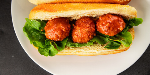 Meatball sandwich fast food meat dish fresh delicious gourmet food background on the table rustic food top view copy space