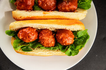 Meatball sandwich fast food meat dish fresh delicious gourmet food background on the table rustic food top view copy space
