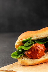 Meatball sandwich fast food meat dish fresh delicious gourmet food background on the table rustic food top view copy space