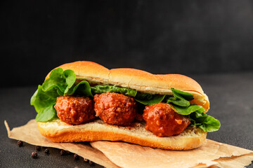 Meatball sandwich fast food meat dish fresh delicious gourmet food background on the table rustic food top view copy space