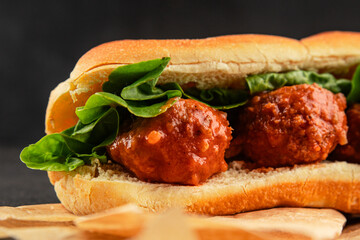 Meatball sandwich fast food meat dish fresh delicious gourmet food background on the table rustic food top view copy space