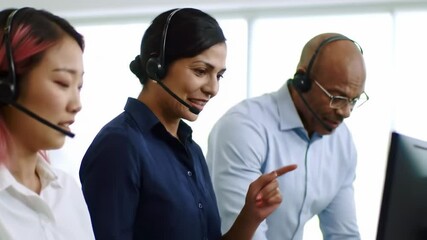 Three diverse call center agents wearing headsets positioned at a computer possibly assisting customers - Powered by Adobe