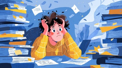 Overwhelmed and anxious person surrounded by piles of paperwork, feeling stressed and frustrated with a looming deadline or heavy workload.