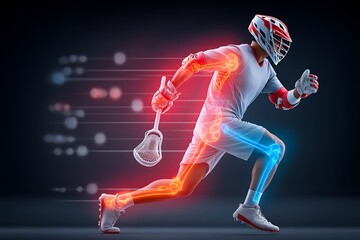 Obraz premium Male lacrosse player dodging an opponent with an anatomical illustration showing a hip flexor strain on the right side the strained muscle fibers glowing red