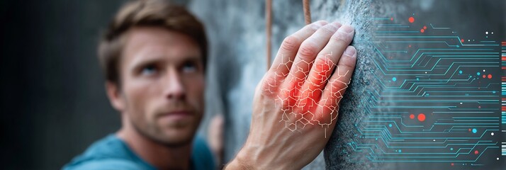 Male rock climber gripping a hold with an overlay displaying a pulley injury in the right ring finger the torn ligament illuminated in red