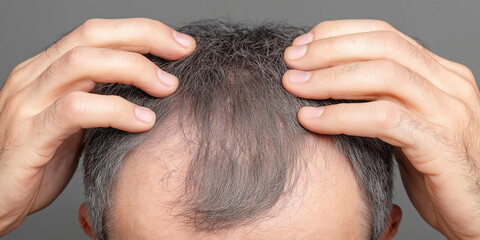 Fototapeta premium Concern over thinning hair in middle-aged man touching his scalp in indoor setting