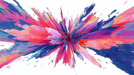 Colorful explosion of dynamic shapes radiates outward, an abstract burst of artistic energy showcasing a vibrant palette against a clean white backdrop.
