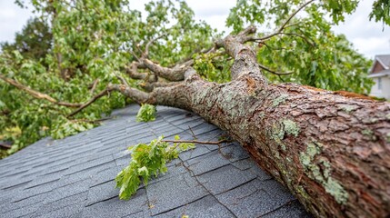 Fallen tree on a residential roof, a symbol of destruction after a storm or natural disaster. Damaged property with a heavy tree on top of shingles.