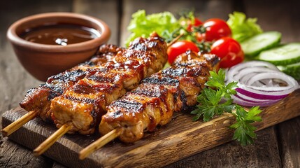 Grilled skewers plated with fresh vegetables and dipping sauce on wooden board. Perfect for grilling season. Mouthwatering and visually appealing.