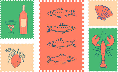 Summer postcard from Italy with lemon, vine, sardines, lobster. Retro travel stamp illustration. Vintage Italian holiday design. Vector seaside background.