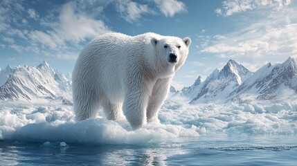 Polar bear standing on ice with mountain backdrop, cool arctic scene, majestic wildlife, nature conservation, frozen landscape, pristine environment.