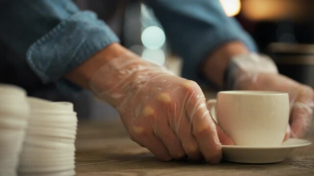 A barista wearing gloves carefully places a white cup on a saucer while preparing drinks in a bustling cafe. The moment captures attention to detail and hygiene amid daily rush