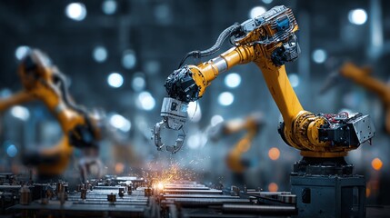 Robotic arm welds metal in automated factory setting, showcasing advanced industrial automation and precision engineering. Sparks fly during the process.