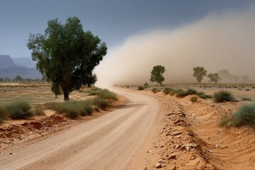 Approaching sandstorm on desert road with sparse trees