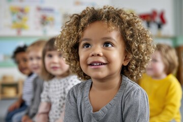 Happy diverse children in classroom setting smiling and engaged in learning