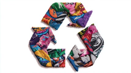 Recycle Symbol Crafted from Colorful Textile Scraps, promoting eco-consciousness, sustainability, artistic reuse of materials and environmental responsibility.