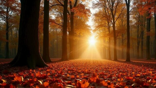 Forest floor covered in fallen autumn leaves with sunlight shining through the trees.