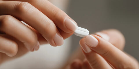 Hands holding a medicine tablet in a neutral setting, ready for consumption