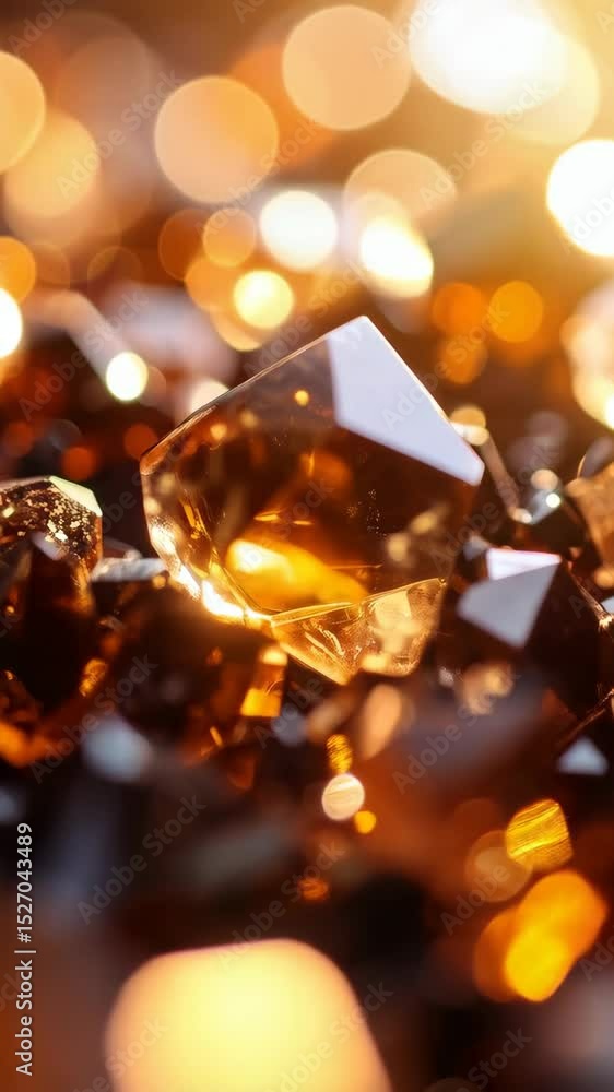 Poster close-up of gleaming gems and crystals with warm amber reflections creating a sparkling, luxurious, 