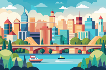 Urban landscape vector illustration featuring city buildings and a vibrant sky design