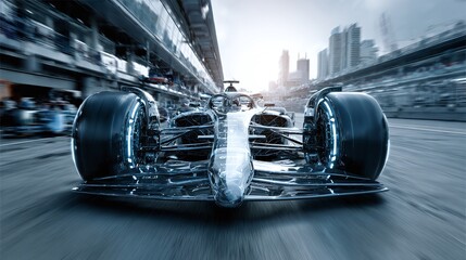 Sleek race car speeds through track, blurring past onlookers with city skyline in background. Intense speed and competition embodied.