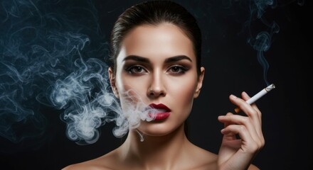 Obraz premium A woman smokes a cigarette, smoke swirling around her face, adding a bold, mysterious vibe to the portrait with copy space for text.