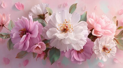 Floral Arrangement: A harmonious display of pink and white flowers. Soft petals, gentle colors, and graceful leaves create a serene and inviting atmosphere.