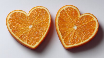 Two heart-shaped orange halves, vivid color.  Sweet citrus fruit.  Conceptual image: healthy eating, love for healthy living.  Studio shot against white.
