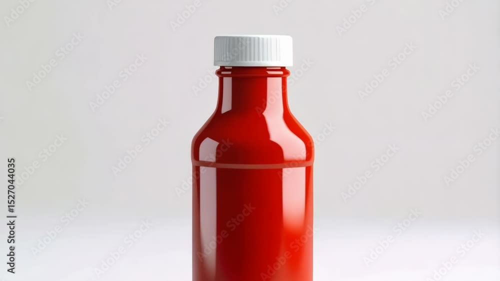 Poster shiny red condiment bottle stands isolated against a white backdrop with bright light emphasizing th